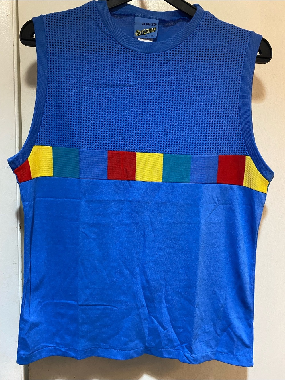 VTG Cut Loose Blue Mesh Athletic Sleeveless Top Size XL 18-20 poly / cotton mix